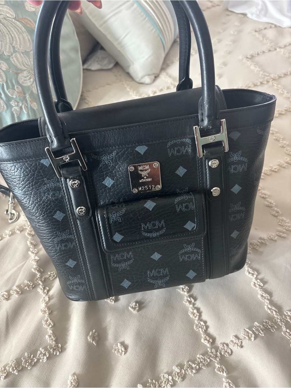 MCM Black Monogram Small Satchel with Silver Hardware and certification